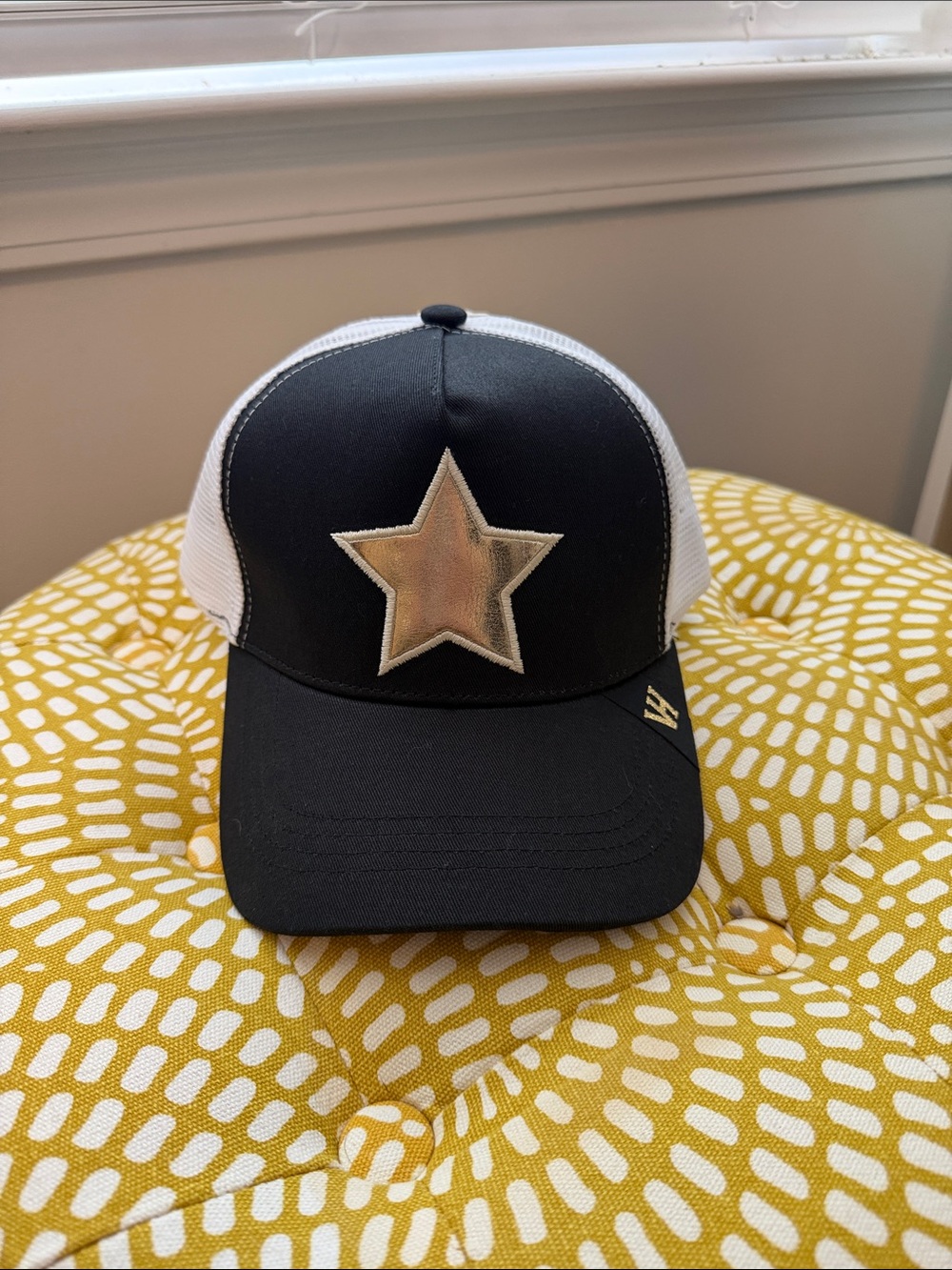 Vintage Havana Black and White Trucker Hat with Gold Star